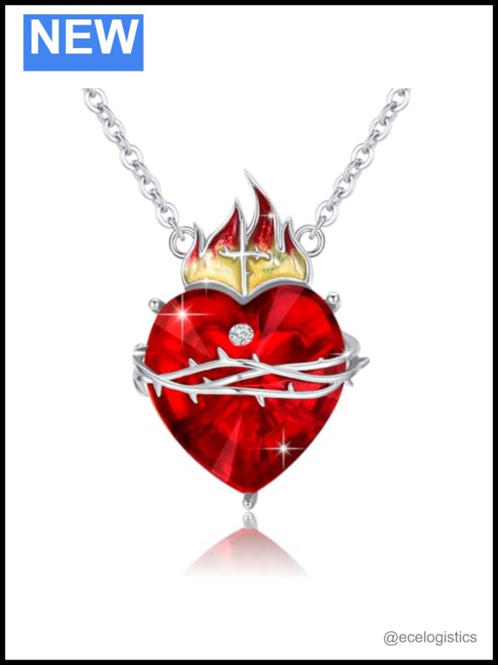 925 Sterling Silver Sacred Heart of Jesus Necklace Cubic Zirconia Christian Gift